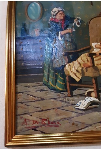Dipinto olio su compensato Madre e figlie con cornice oro Misura quadro cm 30x40 - Imagen 3 de 7