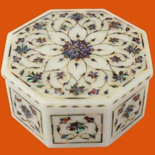 5"x5" Octagon White Marble Abalone Shell Jewelry Box Floral Inlay Wedding Gifts