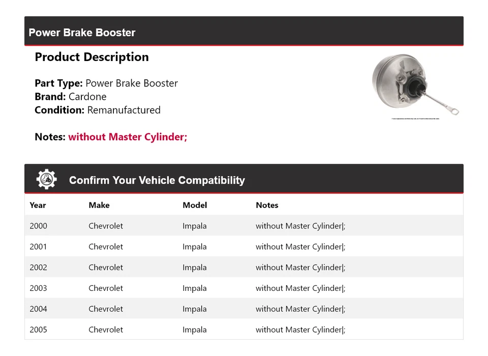 Para Chevrolet Impala 2000-2005 Power Brake Booster Cardone 2001 2002 2003 2004 Foto 2 de 4