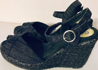 Volatile Black Wedge Heels Fabric Upper Flocking Outsole Sandals Size 8 M EUC!
