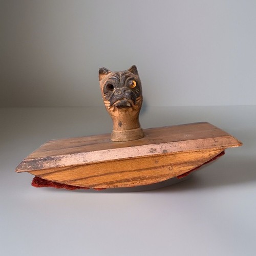 Antique Carved Wooden Bulldog Dog Head Ink Blotter Roller Desk Top
