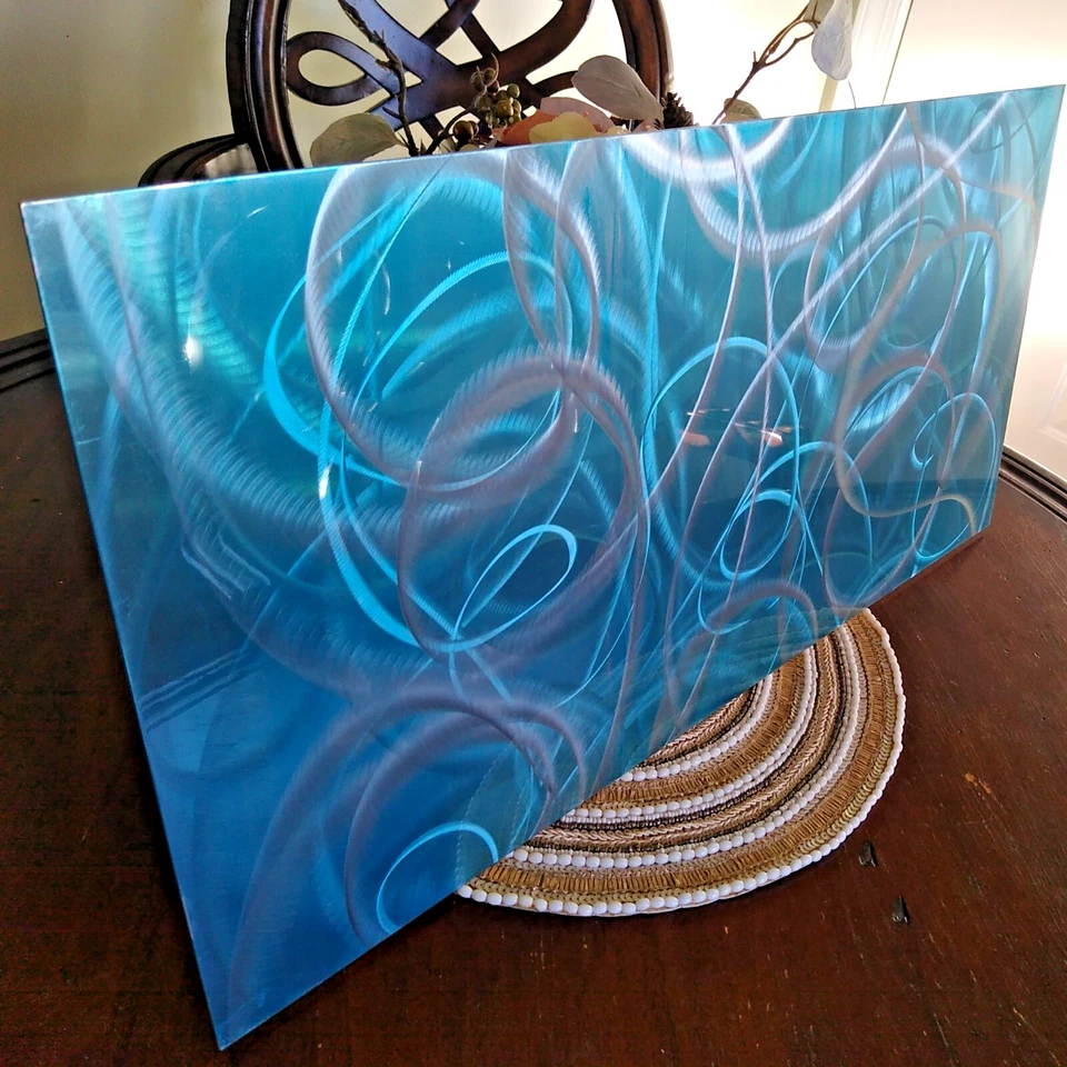 Arte de pared de metal firmado por Jon Allen - azul plata 3D remolino industrial 24 x 12 pulgadas Foto 3 de 4