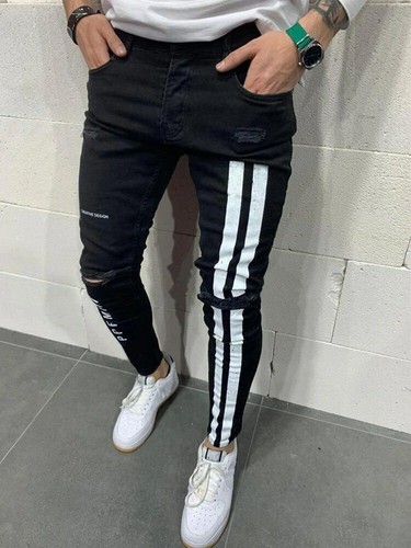Pantalones Vaqueros Rasgados Para Hombre Jeans De Moda Hip Hop A Rayas  Deportivo | eBay
