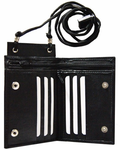 BLACK LEATHER WALLET ID Badge Window Card Holder Zip Neck Strap U.S Seller - Picture 2 of 8