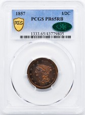 1857 BRAIDED HAIR 1/2C PCGS PR 65 RB