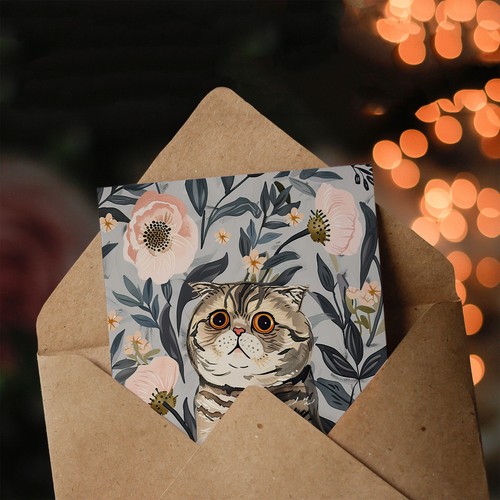 Greeting Card Cat Lover Cute Scottish Fold with Pink Poppies Get Well - Bild 3 von 6