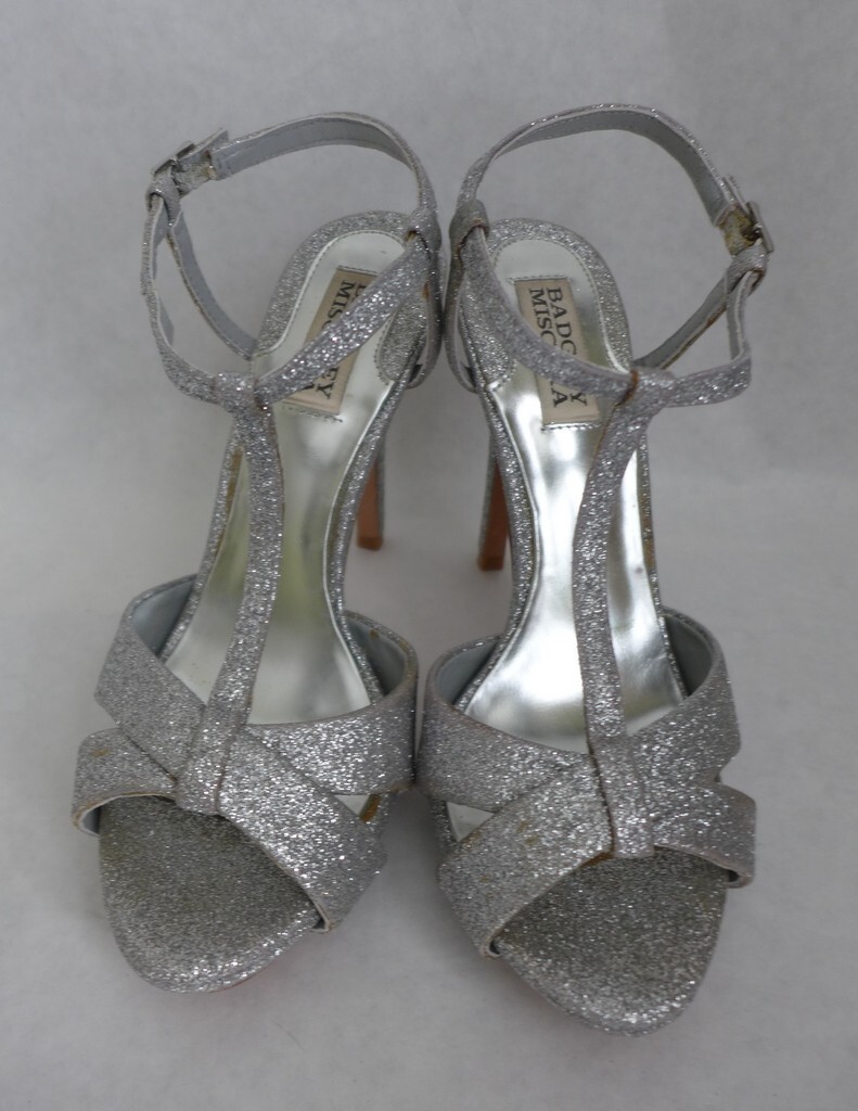 Badgley Mischka Leather Outsole Silver Glitter Heels Sandals 6M eBay