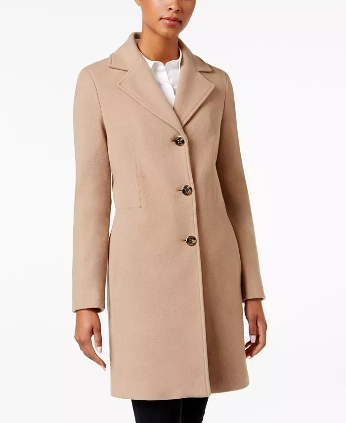 Calvin Klein Classic Camel Single Breasted Wool Blend Coat Womens