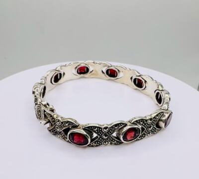 Vintage Japan Sterling Silver Garnet Diamond Red Gemstone Marcasite Tennis Watch Vintage Japan Sterling Silver Garnet Diamond Red Gemstone  main image 4
