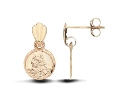 9ct Gold ST Christopher Drop STUD Earrings Solid 9K Gold UK