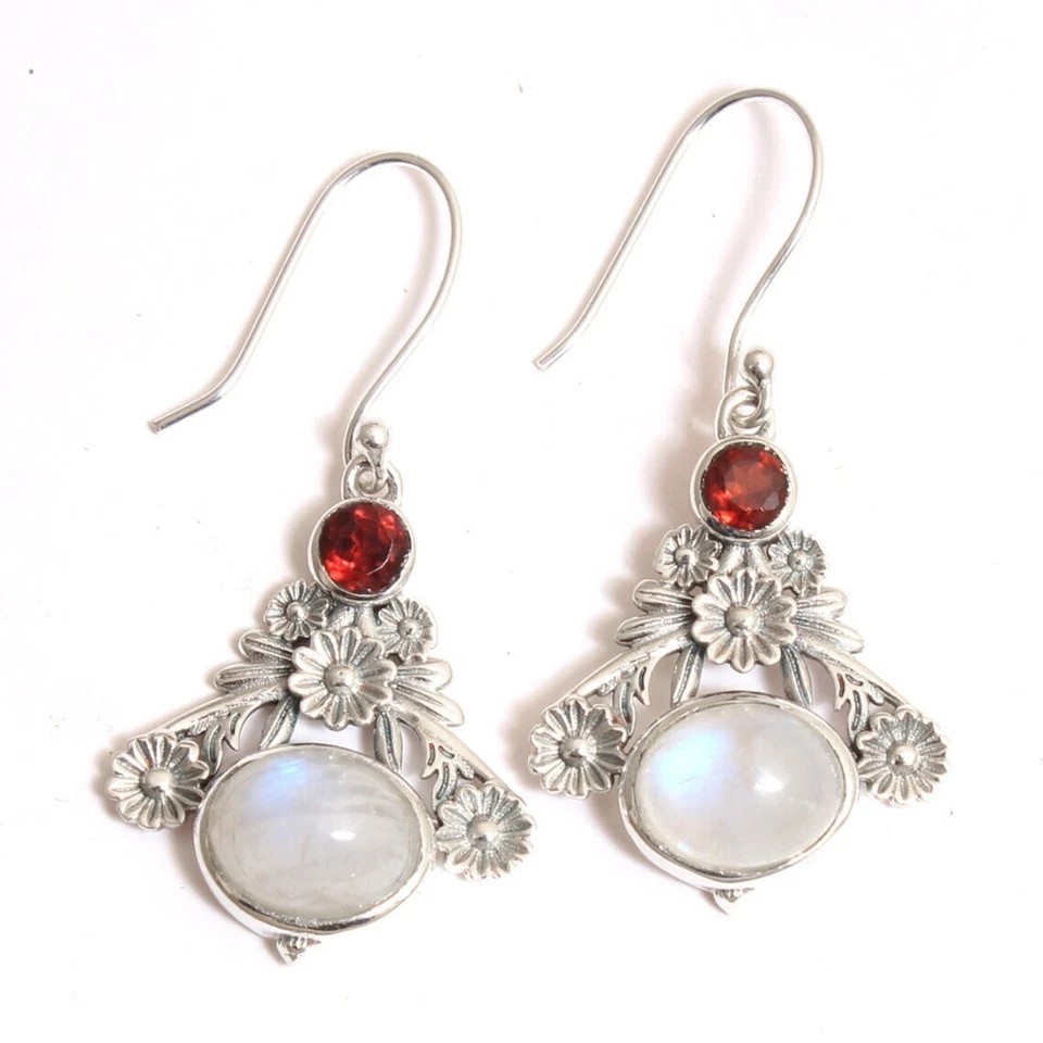 Подарок дизайнерская бижутерия серьги из стерлингового серебра 925 пробы с радужным лунным камнем и красным гранатом - Изображение 2 из 4
