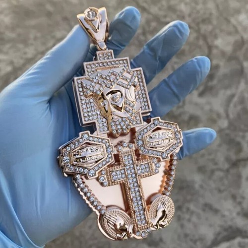 4.50Ct Round Cut Moissanite Jesus Combo Head Cross Pendant 925 Sterling Silver - Picture 6 of 7