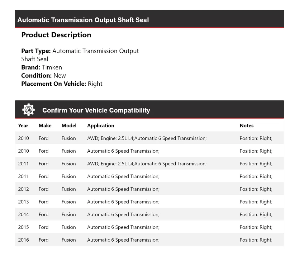 Vedação de eixo de saída de transmissão automática Ford Fusion 2010-2016 temporizador direito - Imagem 2 de 4