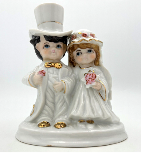 Estatuilla de boda de porcelana para pareja de Lego de Corea. Rosas blancas rosadas doradas doradas - Imagen 4 de 5