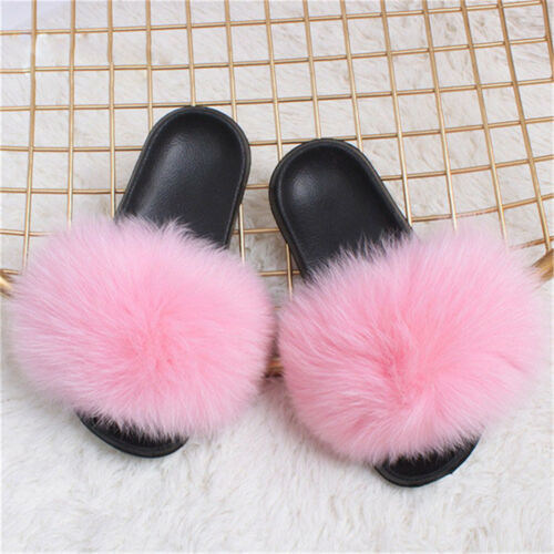 Womens Real Fox Fur Sliders Slides Slippers Sandals Holiday Indoor Outdoor Shoes - Picture 3 of 24