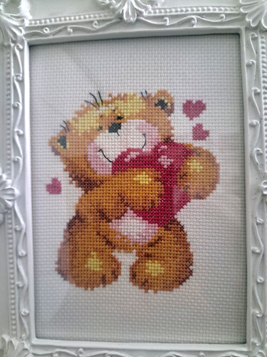 Finished Framed Cross Stitch Picture Bear Hearts Love Valentine Gift - Picture 4 of 6