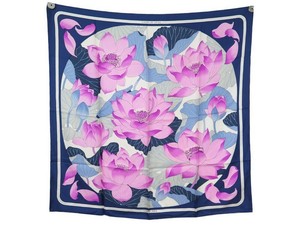 FOULARD HERMES FLEURS DE LOTUS VAUZELLES CARRE 90 EN SOIE BLEU SILK SCARF 385€