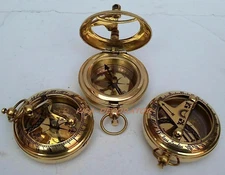 LOT OF 3 COLLECTIBLE POCKET COMPASS VINTAGE MARITIME BRASS PUSH BUTTON SUNDIAL