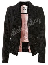 Topshop Tux Delux Black Velvet Polka Dot Pinspot Peplum Fitted Blazer Uk8 36