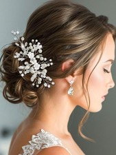 Wedding Hair Comb White Flower Silver Leaf Hair Vine Piece Pearl Crystal