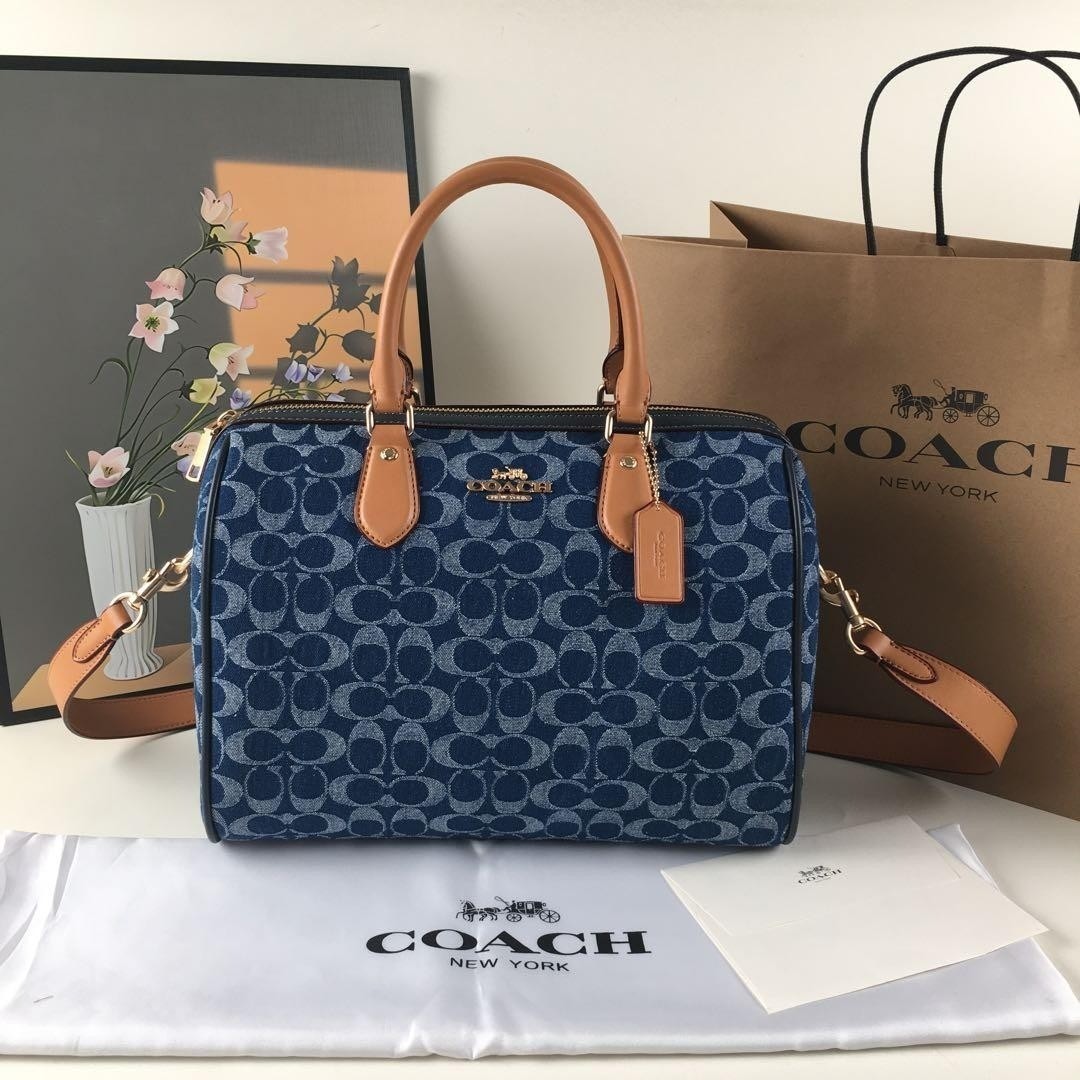 COACH CY699 Rowan Large Satchel Bag Signature Canvas Blue Brown Outlet New