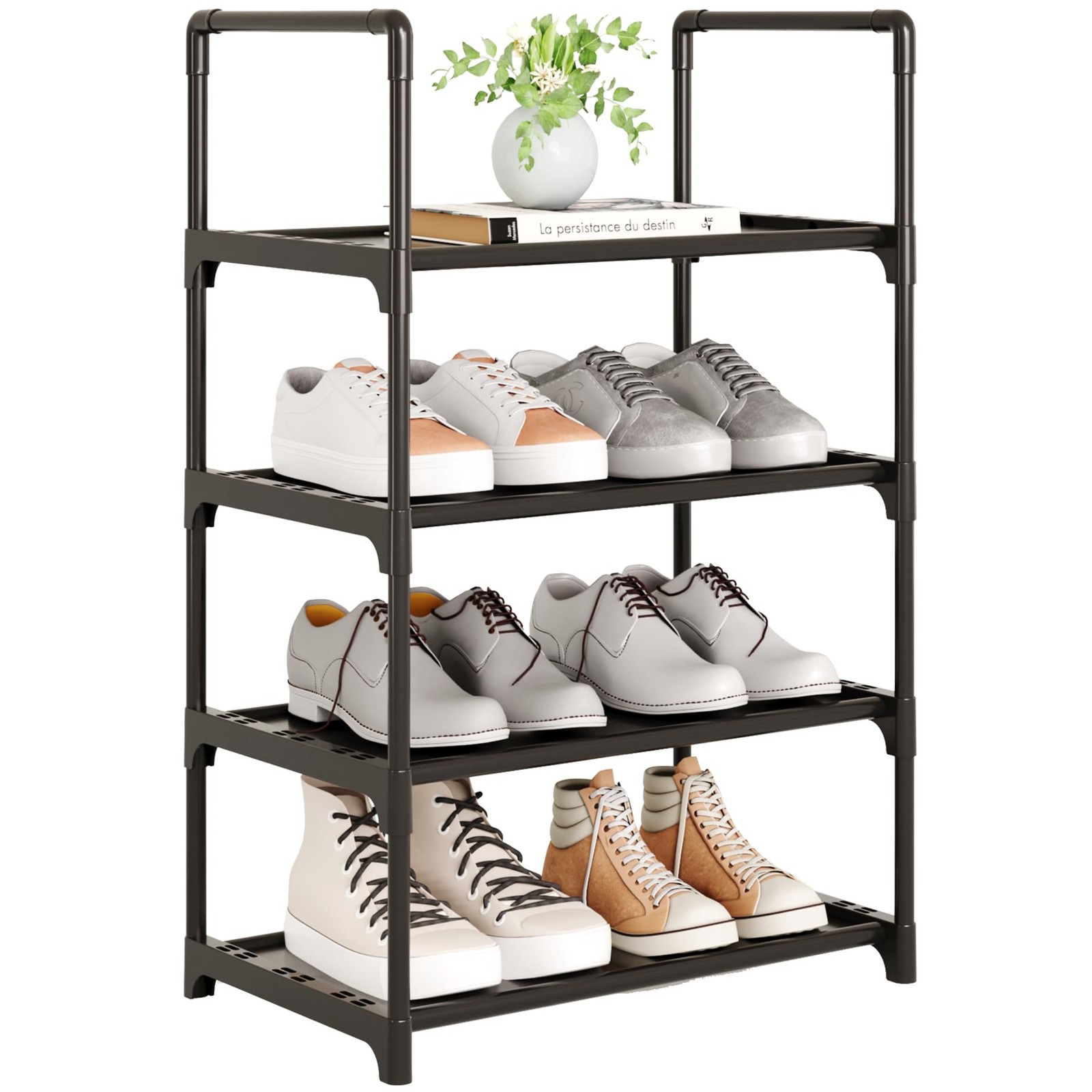 Upgrade 4-Tier Stackable Shoe Rack Organizer with Hooks for Small Space Storage