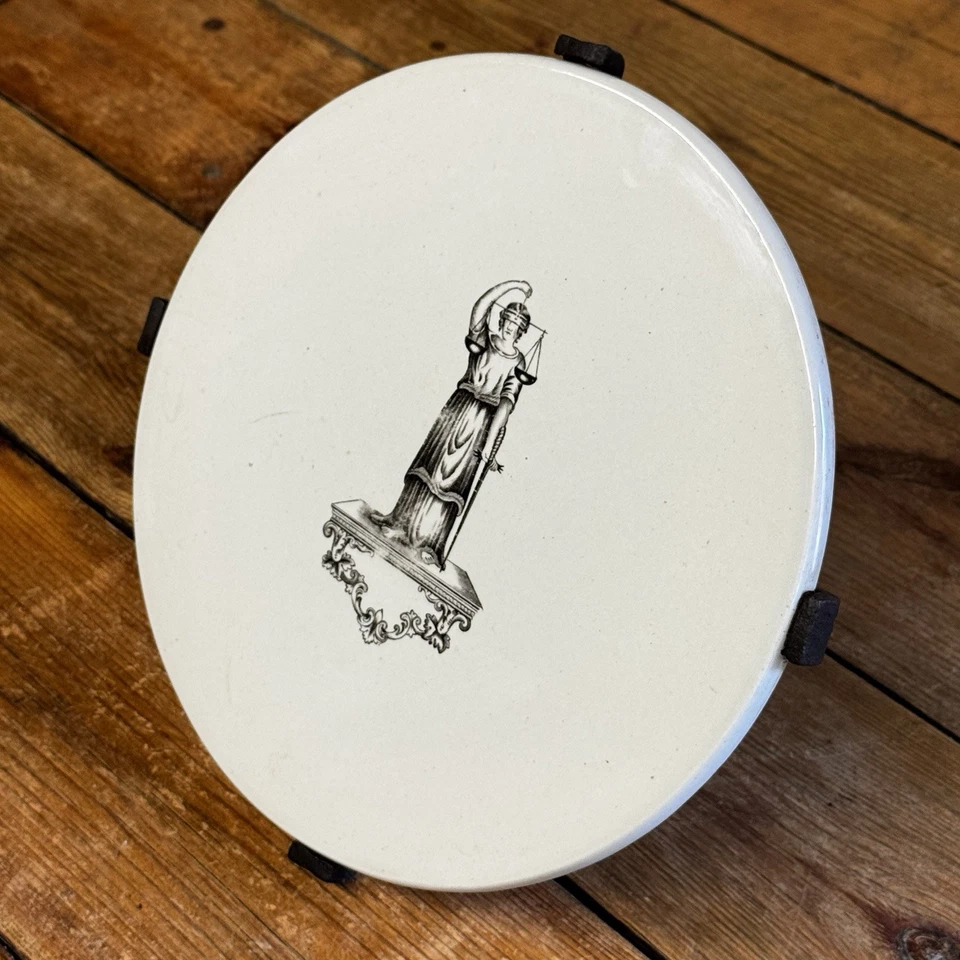 Antique 'Justitia Virtutum Regina' Ironstone Grocer’s Scale Plate & Attachment - Image 2 of 4