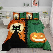 Black Cat Comforter Set Halloween Printed Bedding Set with 1 Comforter and 2 Pil
