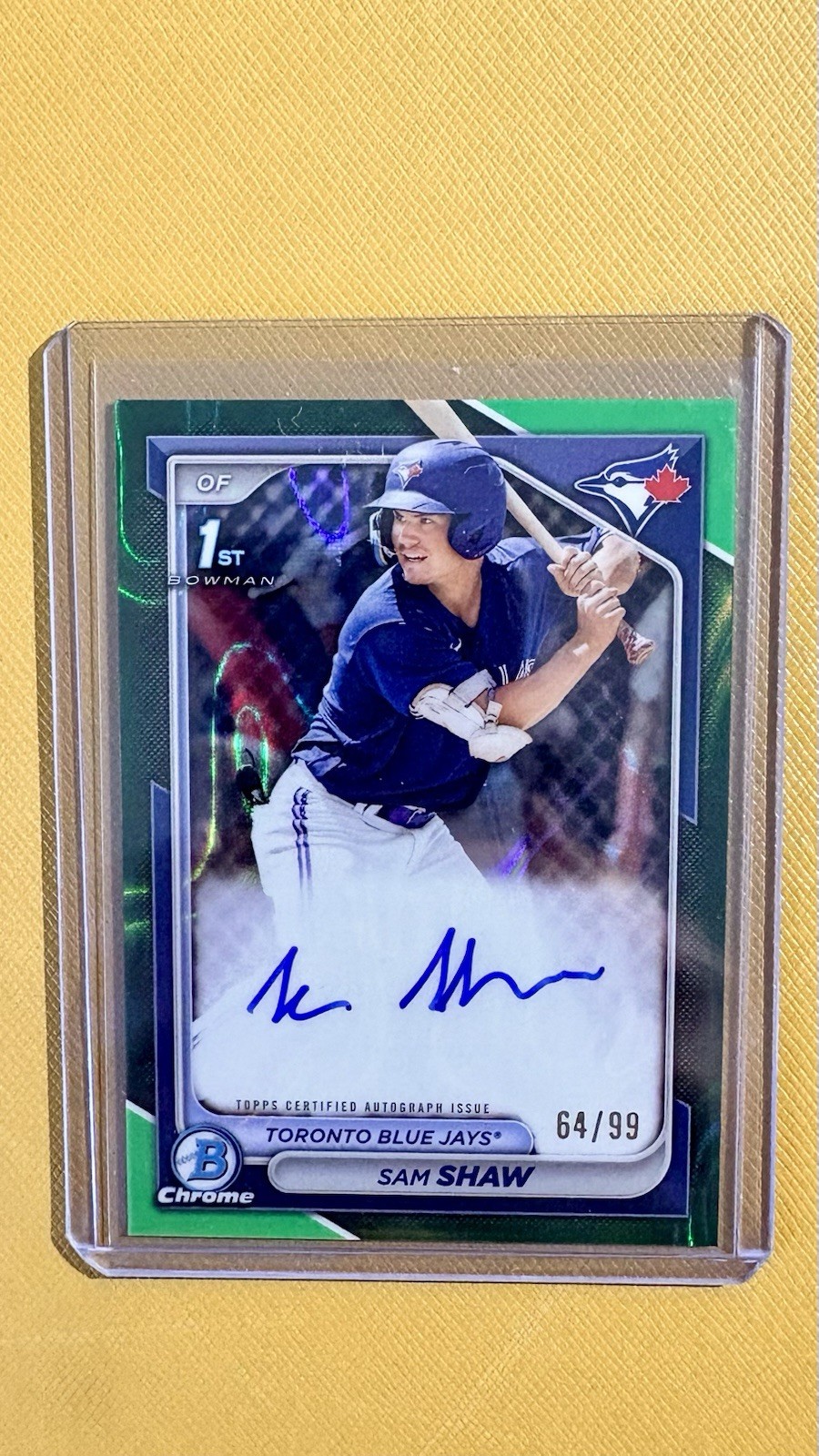 2024 Bowman Chrome Sam Shaw 1st Bowman Auto Green Lava Refractor /99 Blue Jays