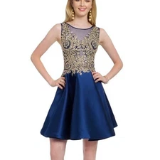Camille La Vie Embroidered Sequin Formal Mini Dress Blue Size 00 retail $269