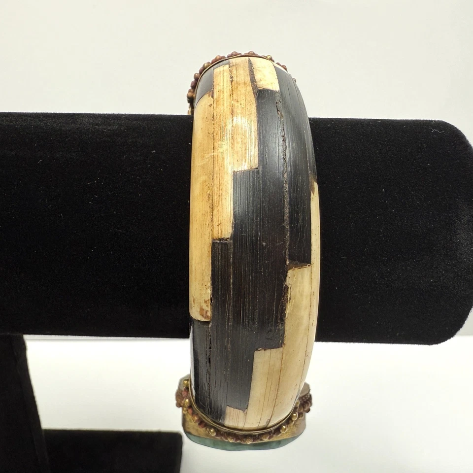 Brazalete Brazalete Vintage Piedra Jade Verde Hueso de Camello Latón Cierre de Bisagra Joyería Foto 2 de 4