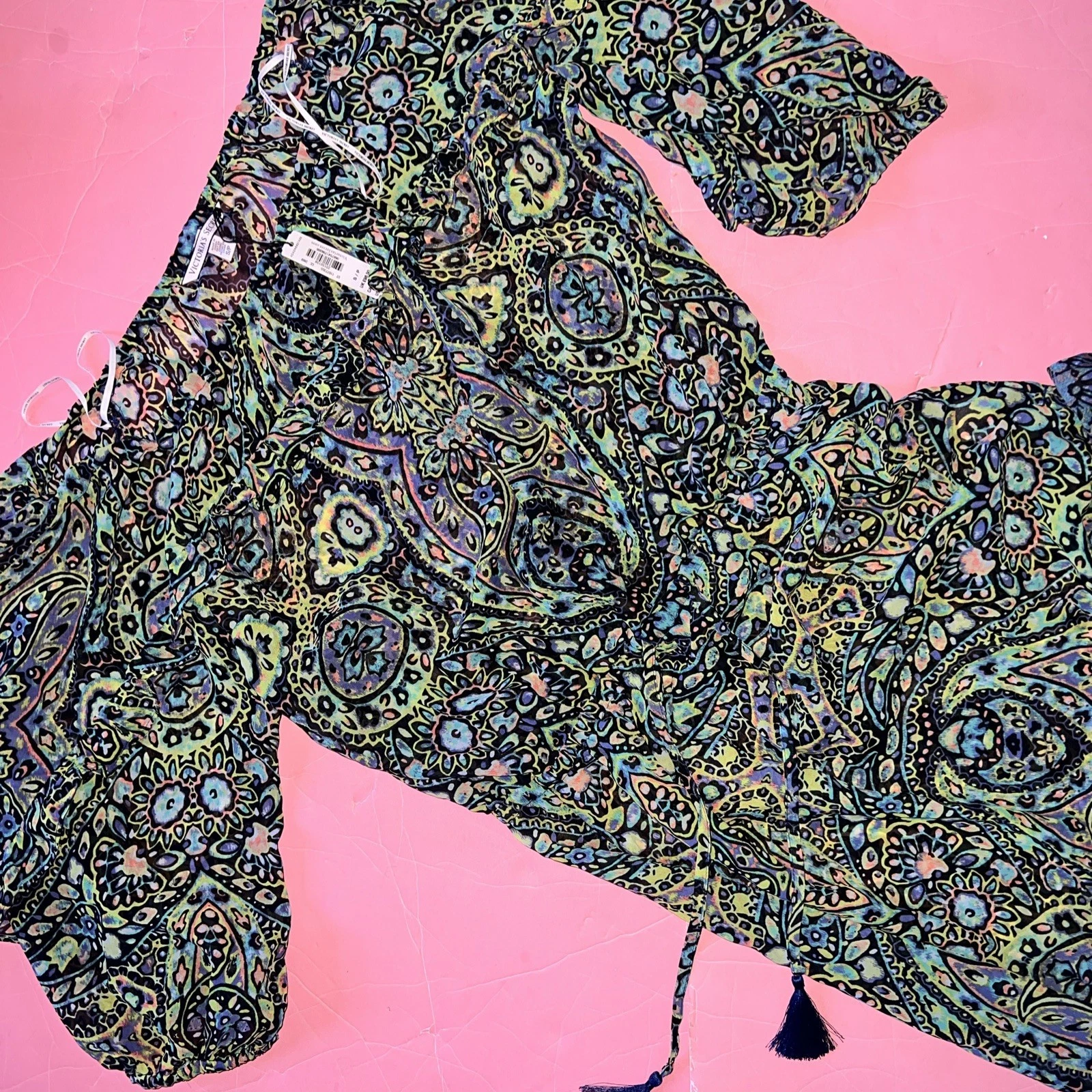 UNDERCOVER Victoria's Secret S MAXI ABITO COPRICOSTUME VESTITO chiffon verde blu MOSAICO GIARDINO