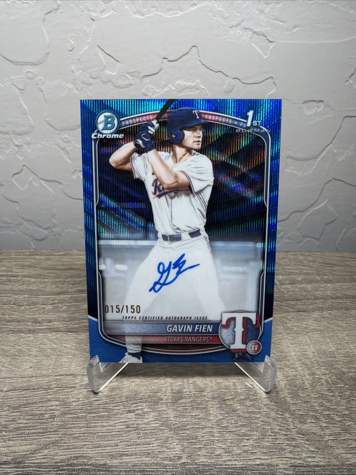 2025 Bowman Chrome Draft Gavin Fien Blue Wave Auto /150 #CPA-GF Rangers