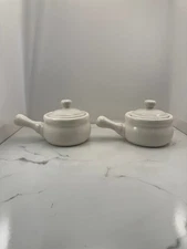 Set of 2- White Ceramic French Onion Soup Bowl- Serving - Crock with lid 