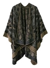 Women's Vintage Pattern Open Front Poncho Cape Shawl Winter Series 15-khaki