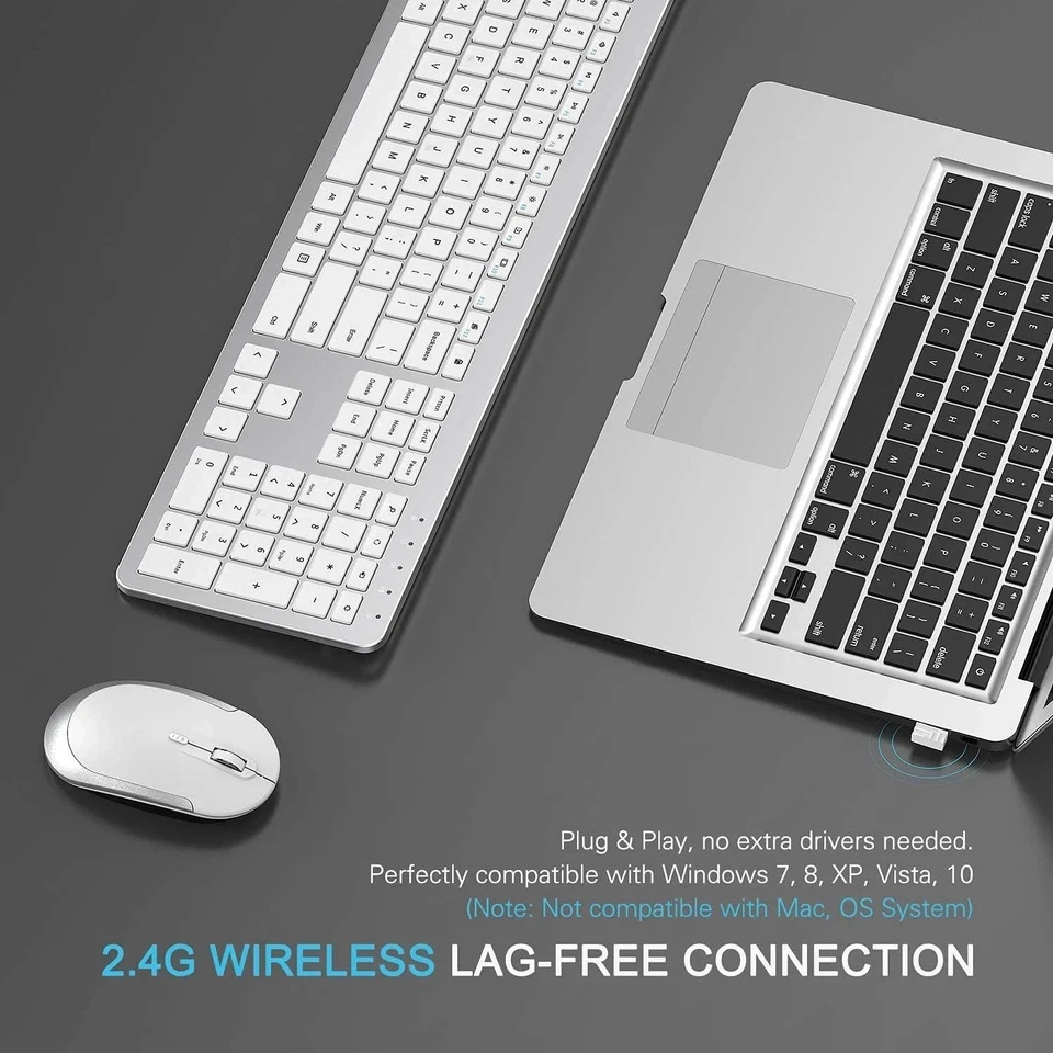 Seenda SK38-3 Rechargeable Wireless Keyboard & Mouse, Ultra Slim Quiet, Silver - Image 3 of 4