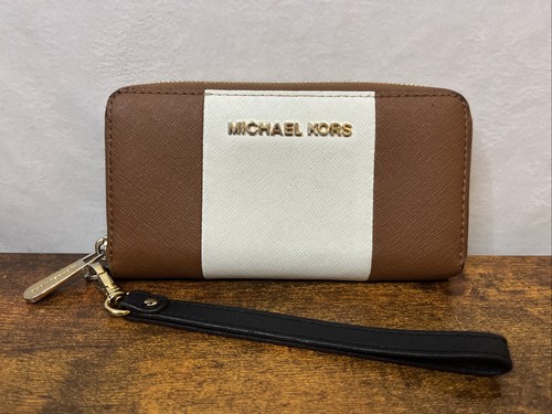 Cartera Continental Michael Kors Marrón Oscuro/Blanco Viaje Cremallera Alrededor - Imagen 1 de 8