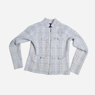 Adrienne Vittadini Womens XS Plaid Zip Up Cardigan Sweater Mock Neck Grey White