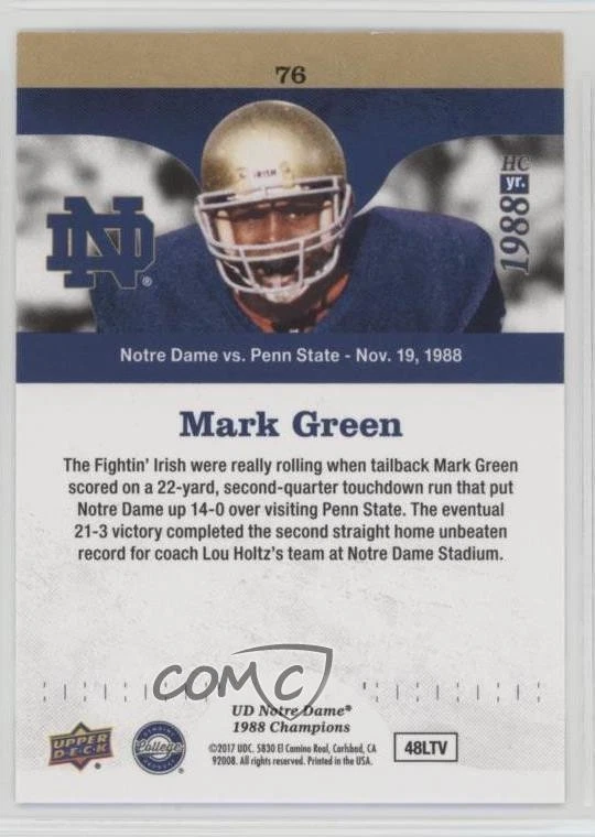 2017 Notre Dame 1988 Championship Gold Mark Green Second Quarter TD for #76 - Image 2 of 2