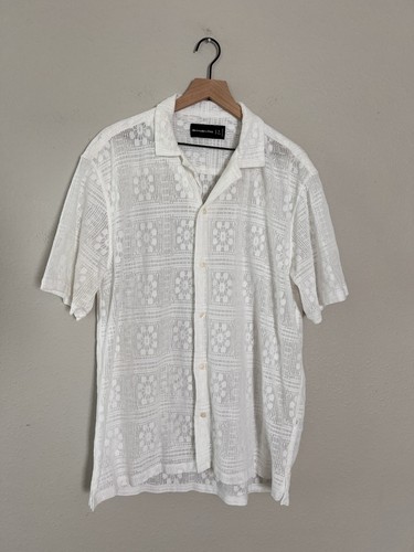 Abercrombie & Fitch Men White Lace Camp Shirt Button Up Preppy Sz Large Tall LT - Picture 2 of 9