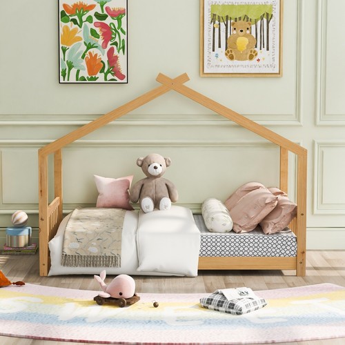 Twin Size House Platform Bed with Headboard and Footboard,Roof Design,Natural - Picture 3 of 10