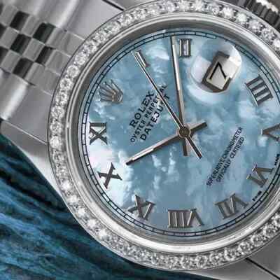Rolex Datejust 36 mm Baby Blue Mother Of Pearl Roman Dial Stainless Steel Watch