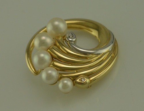 Vintage Brosche mit Brillanten & Perlen / 585er - 14 Karat Gold - Bild 3 von 6