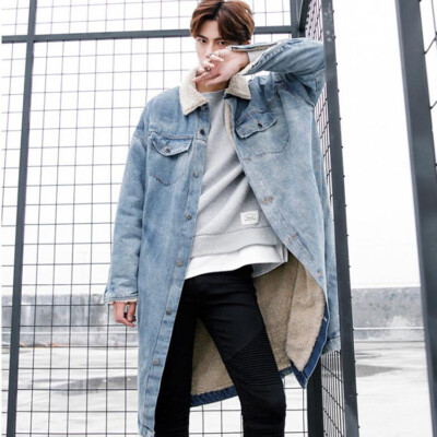 Men Winter Lapel Faux Lamb Lining Denim Long Trench Coat Casual