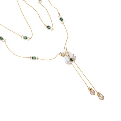 29,00 Tcw Sambischer Smaragd Perlen SI/H Diamant Lariat Halskette 18k Gelbgold - Bild 1 von 4