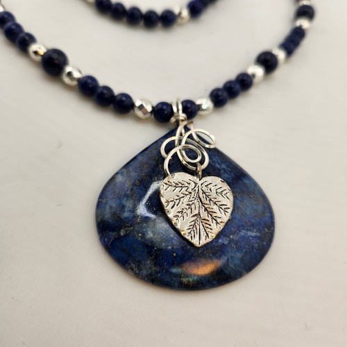 Lapis Lazuli Necklace Earrings Bracelet 3 Pc Silvertone Faceted Accents Leaf  - Foto 8 di 20