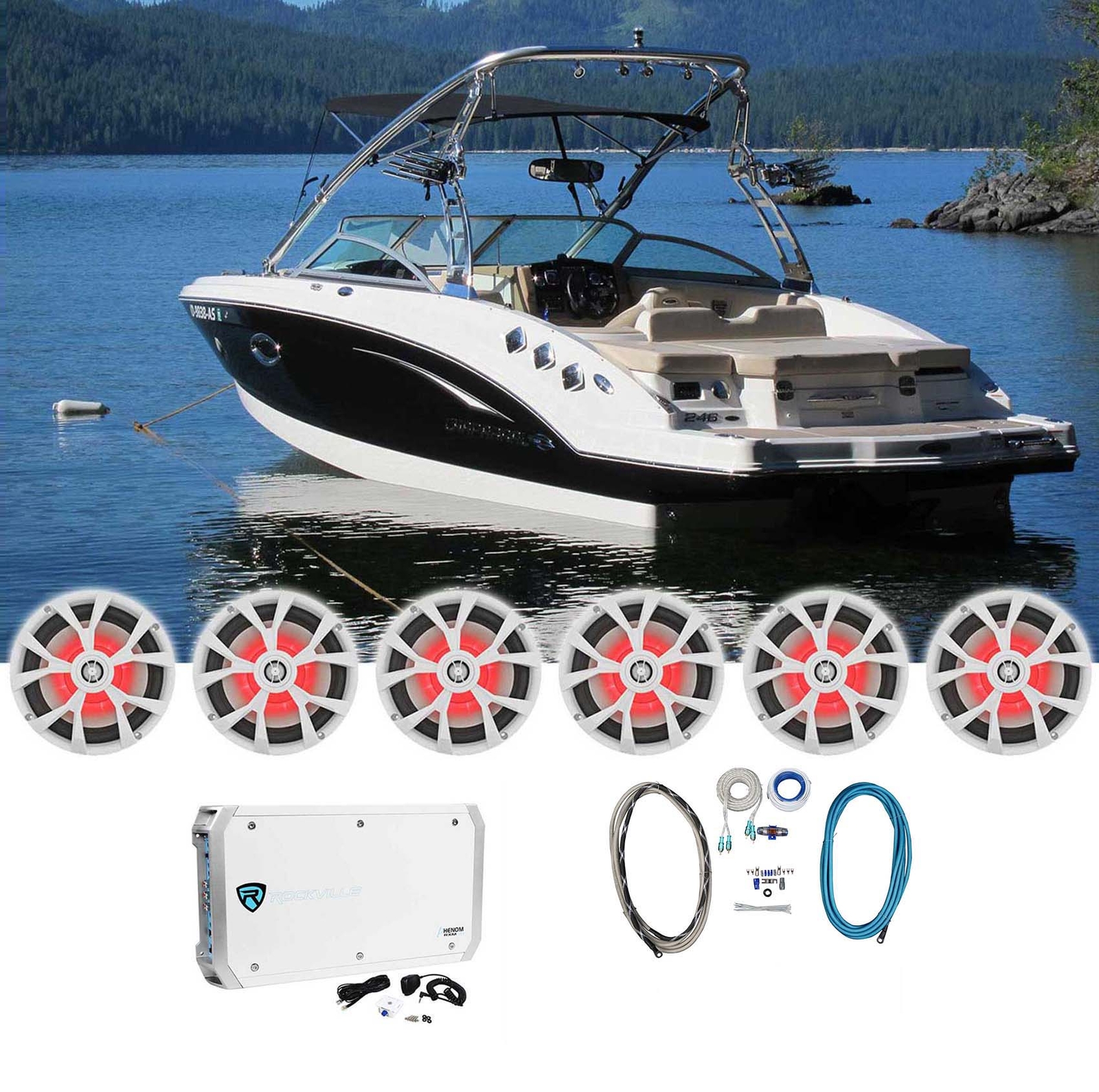 6 Rockville RKL80MB 8 белых светодиодных динамиков для морских судов6-канальный усилитель Усилитель комплект усилителей