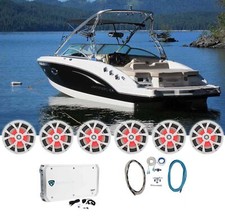  6 Rockville RKL80MB 8" White Marine Boat LED Speakers 6-Ch. Amplifier Amp Kit