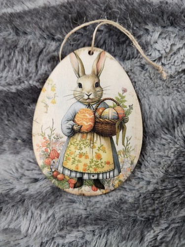 Easter Ornaments Bunny Rabbits Wooden Egg Floral Retro Spring Decor Set of 12 - Picture 12 of 13