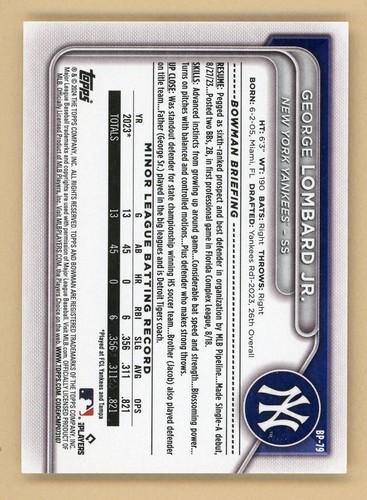 George Lombard Jr - 2024 Bowman 1st Prospect #BP-79 - NY Yankees - 第 2/2 張圖片